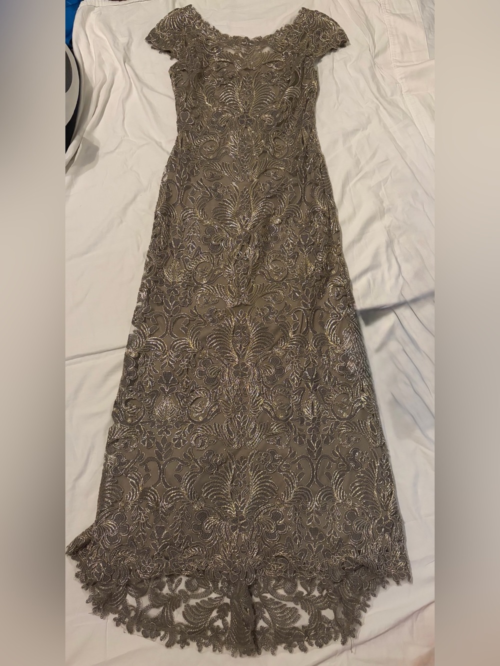 Tadashi Shoji Metallic Taupe Lace Maxi Dress